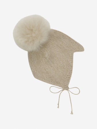 Bonnet wool knit alpaca pompom, camel melange, Huttelihut