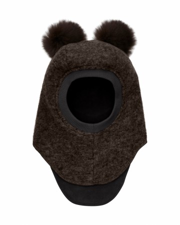 Balaclava wool alpaca pompoms, brown melange, Huttelihut