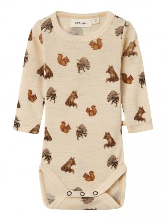 Nimo slim body wool/modal, sandshell/animals, Lil Atelier