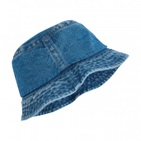Bucket hat denim, navy blazer, Huttelihut